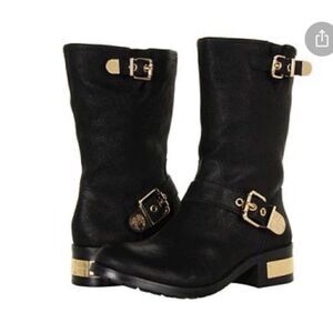 Vince Camuto Women’s Size 6 Winchell Moto Boots Black Leather Gold Hardware New